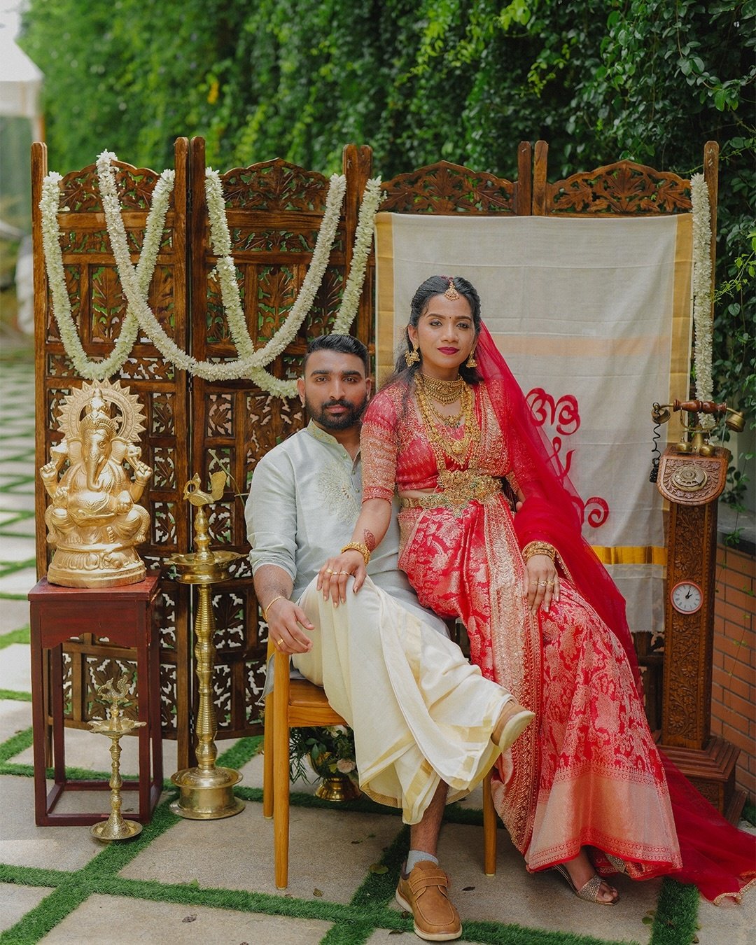 Newlyweds sharing an elegant outdoor portrait